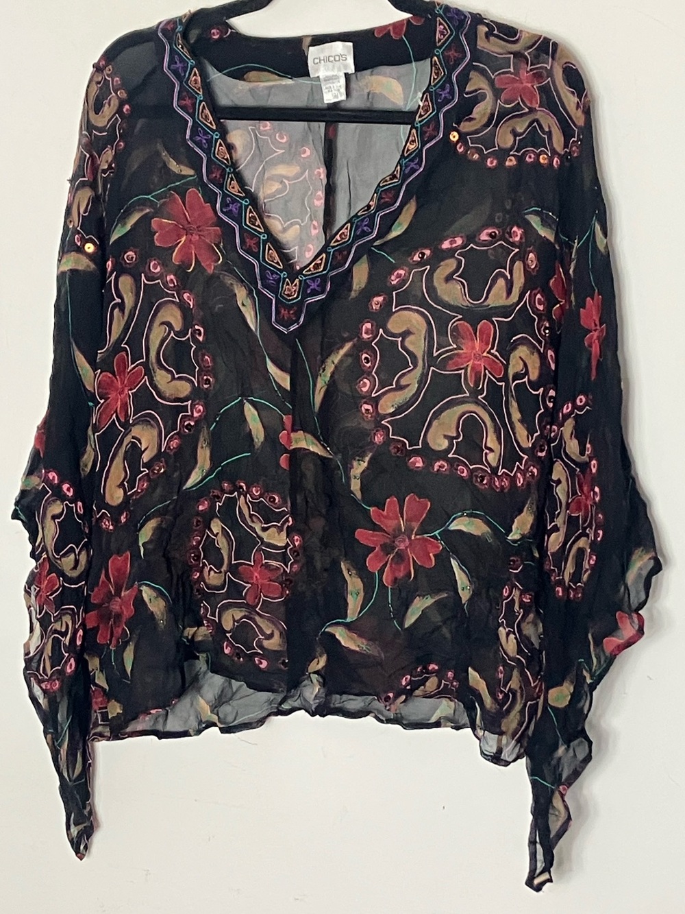 Vintage Chicos 100% Silk Sheer Boho Flutter Sleeve Blouse Size 2 Large